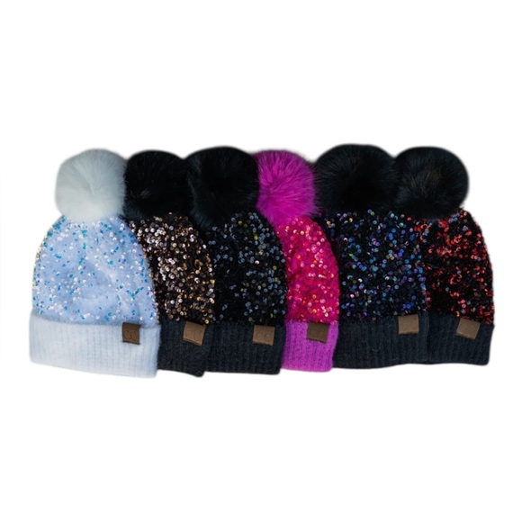 Sequin Pom-Pom Beanie  - Pink, Black, White - Picture 5 of 11